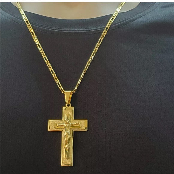 NEW men crucifix Jesus gold plated cross necklace - Picture 3 of 4